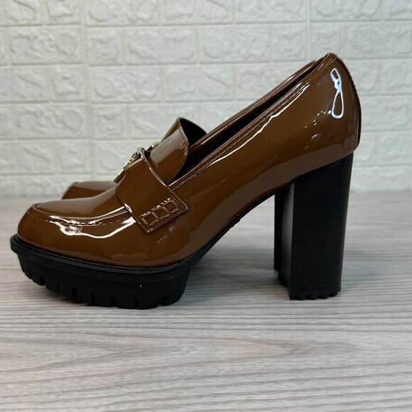 Guess Keaton Embers Loafer Heels WMNS 8.5 Brown Patent Leather Platform Slip On - Picture 3 of 9